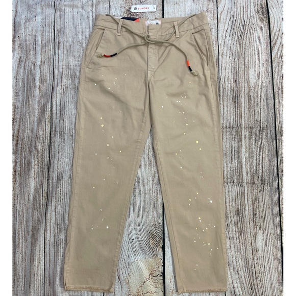 NEW Anthropologie Sundry Carpenter Paint Ankle Crop Pants Boho Tan Drawstring - Picture 3 of 16